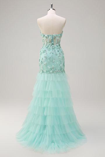 Green Corset Sequined Sweetheart Mermaid Tulle Prom Dress with Appliques